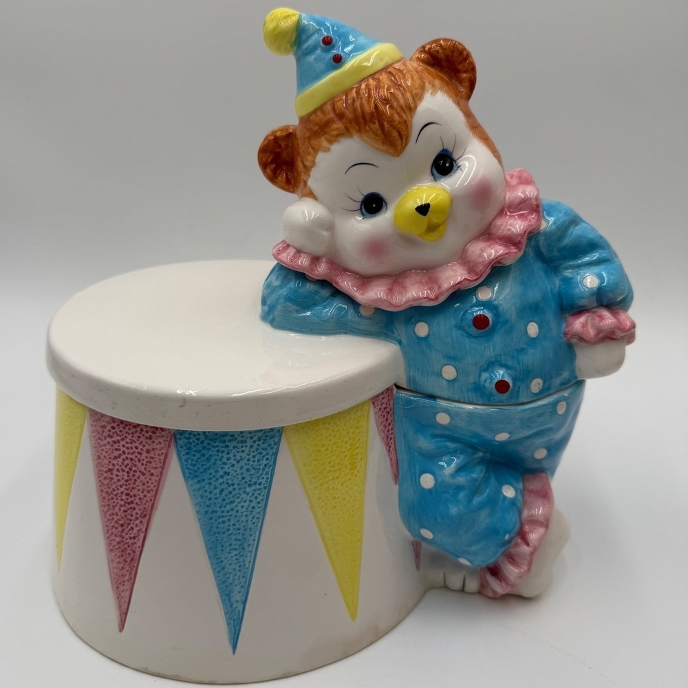 Musical Circus Clown Bear Cookie Jar Blue Polka Dot Vintage Kitsch Nostalgic